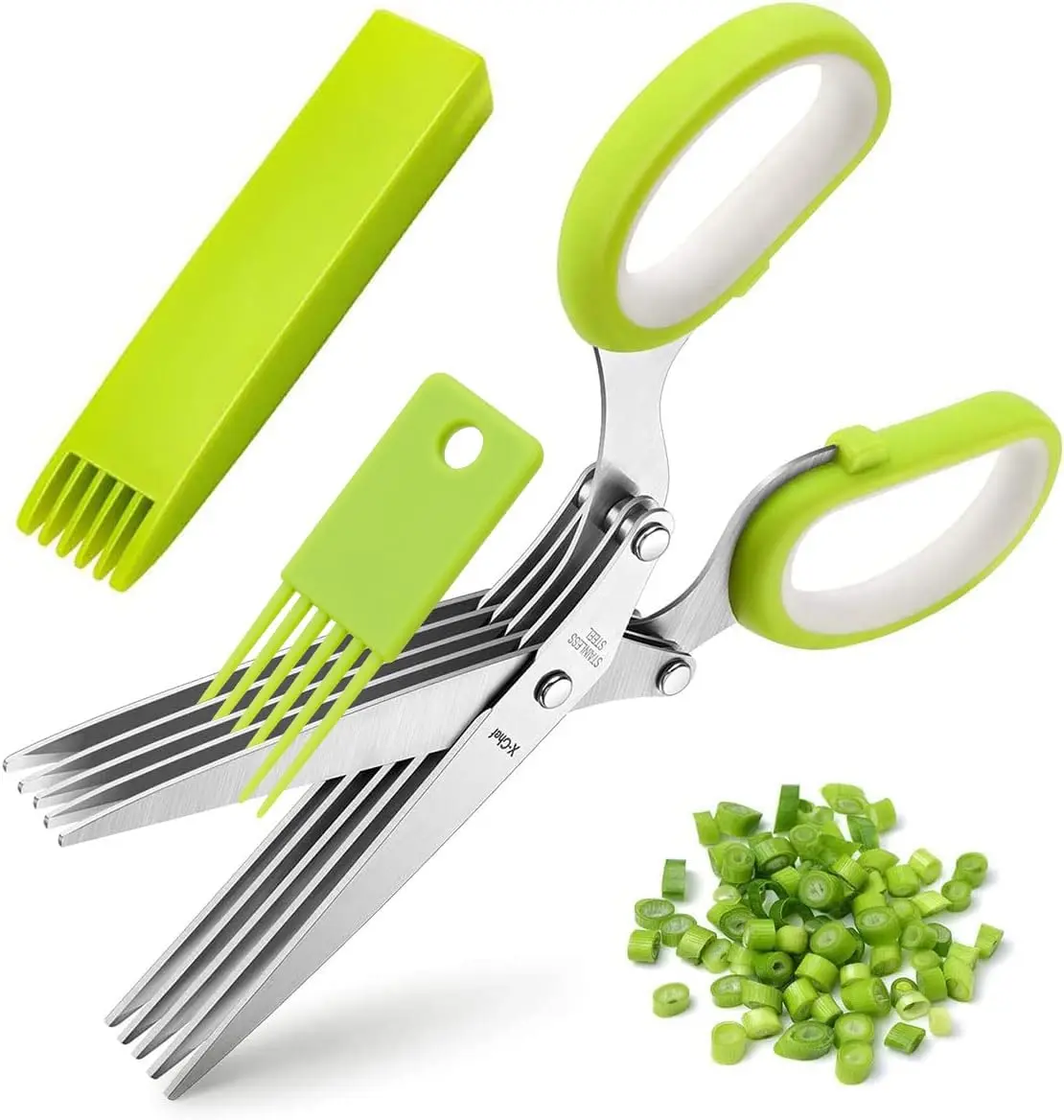 Green 5-Blade Multipurpose Kitchen Herb Scissors with Safety Cover and Cleaning Comb for Chopping Basil, Chive, Parsley, Scissor