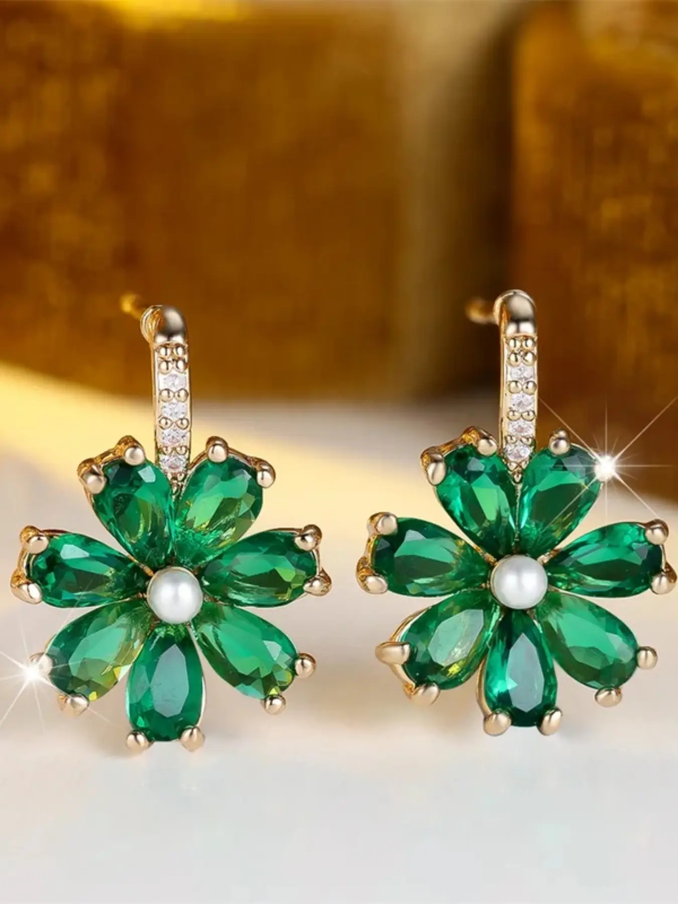 Green zirconia daisy flower simulated pearl High Quality CZ Stones Earrings for women vintage gold color wedding earring valentine's day jewelry gift