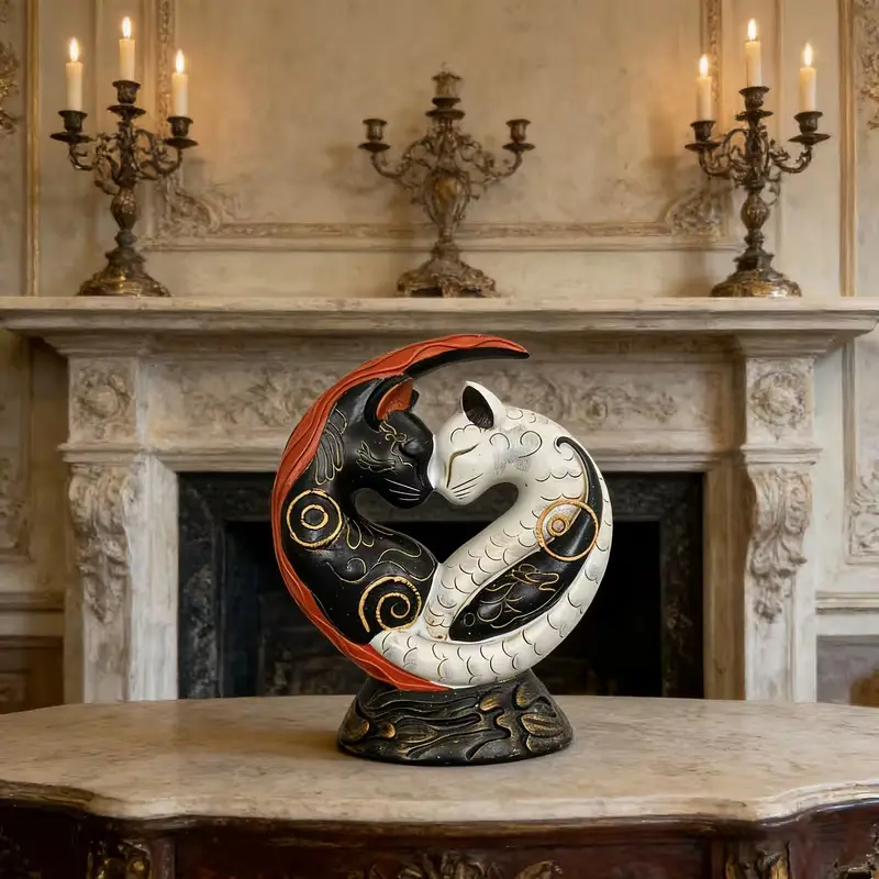 Yin-Yang Cat Resin Statue, Decorative Harmonious Resin Cat Animal Sculpture, Suitable for desktop, home and office decoration, Zen and Feng Shui animal statue, Gift for family and friends.