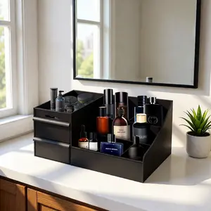 Black Cologne Organizer for Men Large Countertop with 2 Drawers Durable Waterproof Storage for Cologne Perfume Skincare Ideal Gift for Boyfriend Husband Dad