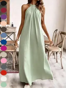 2026 Summer New Pure Solid Color Loose Fashion Halter Neck Sleeveless Dress, European and American Style, Vacation Dress for Women, Cross-Border Trendy