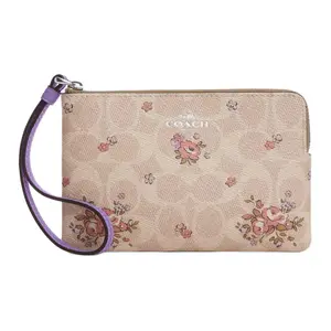 COACH Corner Zip 16 Floral Print Coated Canvas Wristlet for Women in Silver and Sand Wallet Clutch Daily Commuter Purse