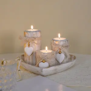 6 piece set Vintage Style Home Candle Holder Set, Heart-Shaped Wooden Coasters, Tea Light Candles Stand, Wood Base Decorative Accessories, Home Decoration, Ornaments, Room Decor, Home Goods, Interior Decoration Accessories