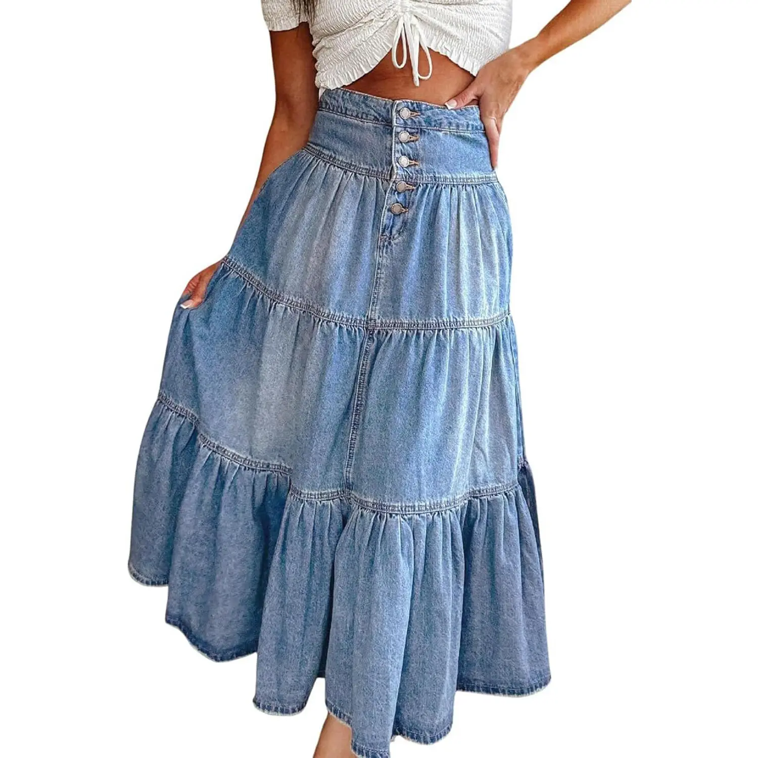 Chouyatou Women's Cute Sexy Thick Chic High-Waisted A-Line Cowboy Denim Skirt, Bohemian Style with Flowing Ruffle, Button Closure, and Tiered Design