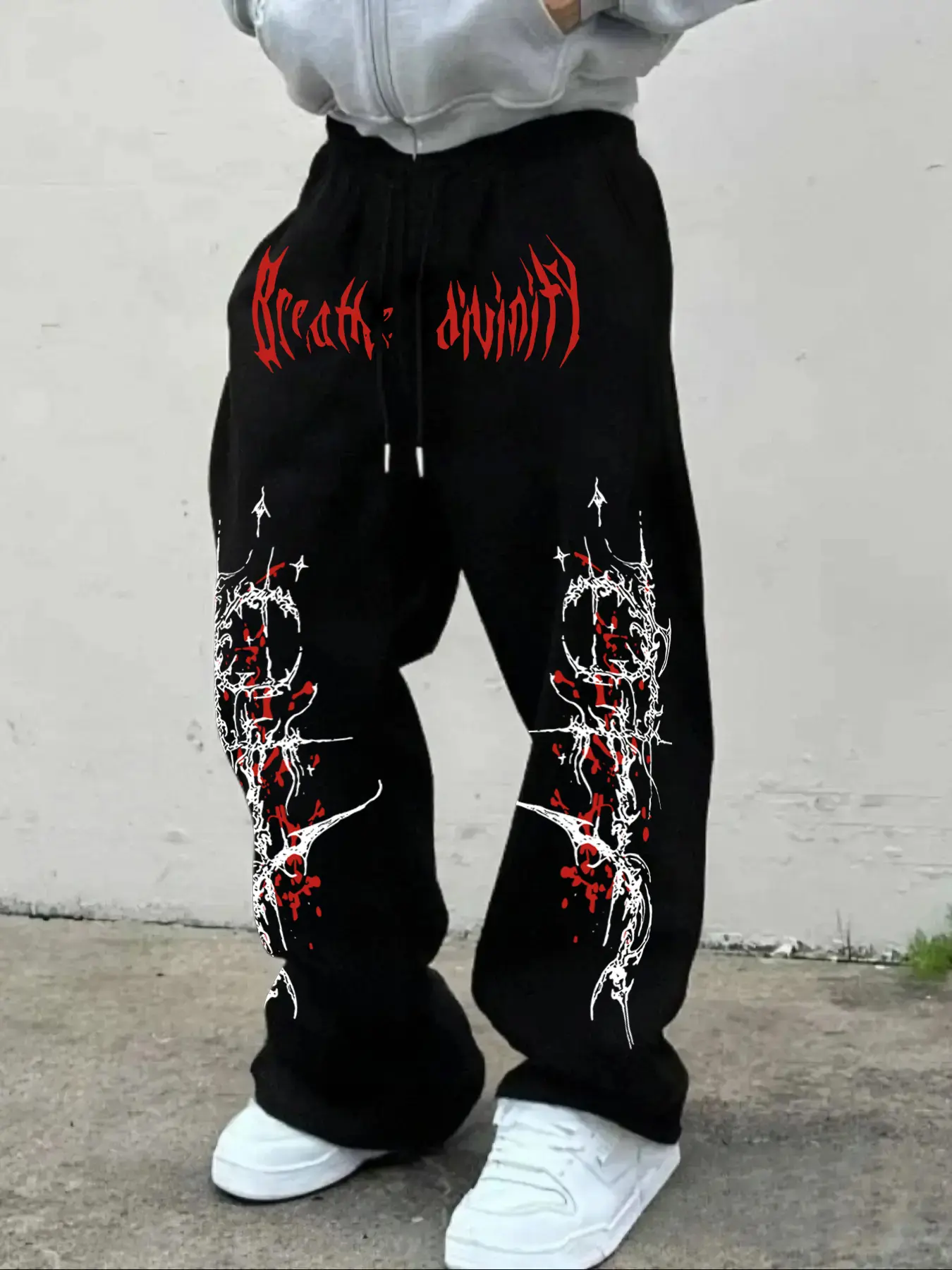 Men's Casual Sporty Long Pants, Gothic Letter & Thorn Pattern Print, Graphic Print Sweatpants, Drawstring Wide Leg, Loose Fit, All Seasons Wear, Casual Lounge Pants, Relaxed Sweatpants, Drawstring Waist Sweatpants