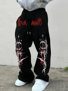 Men's Casual Sporty Long Pants, Gothic Letter & Thorn Pattern Print, Drawstring Wide Leg, Loose Fit, Casual Loose Baggy, All Seasons Wear, Casual Lounge Pants, Relaxed Sweatpants