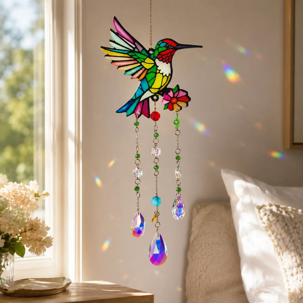 Colorful Hummingbird Suncatcher for Windows, Stained Glass Style Bird Sun Catcher with Glass Prism Pendants, Rainbow Maker Window Hanging Decor, Bird Lover Gift for Women, Mom, Indoor Outdoor Garden Bedroom Decor