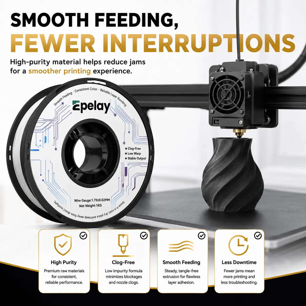 EPELAY PLA+ 3D Printer Filament, 1.75mm-±0.02mm Precision, 1 kg Gray, Smooth Feeding, Clog-Free, Neat Winding, Low-Odor FDM Option, Eco-Friendly, Multiple Colors, Precise Layers, No Batteries, 3D Printing Supplies for DIY Projects EPELAY PLA+ 3D Printer Filament, 1.75mm-±0.02mm Precision, 1 kg Gray, Smooth Feeding, Clog-Free, Neat Winding, Low-Odor FDM Option, Eco-Friendly, Multiple Colors, Precise Layers, No Batteries, 3D Printing Supplies for DIY Projects
