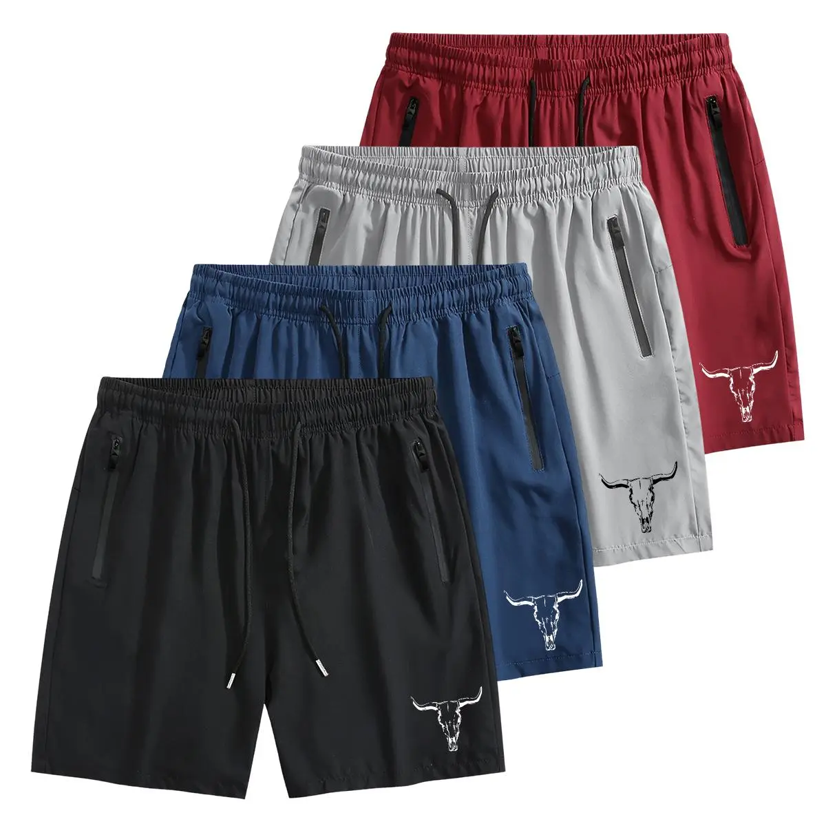 5 Pcs Men's Western Texas Longhorn Print Casual Shorts, High-Performance Quick Dry Drawstring Elastic Waist Shorts with Secure Zipper Pockets, Lightweight Breathable Loose Fit Athletic Shorts for Gym, Running, Beach Vacation, Daily Wear, Cowboy Streetwea
