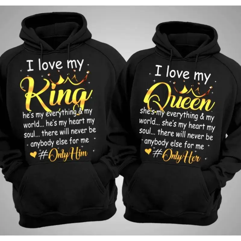 Unisex Matching Couple Hoodie Sweatshirt Set, Longsleeves Printed Clothes with Funny "I Love My King & Queen" Graphic, Women & Men's Gift for Birthday, Christmas