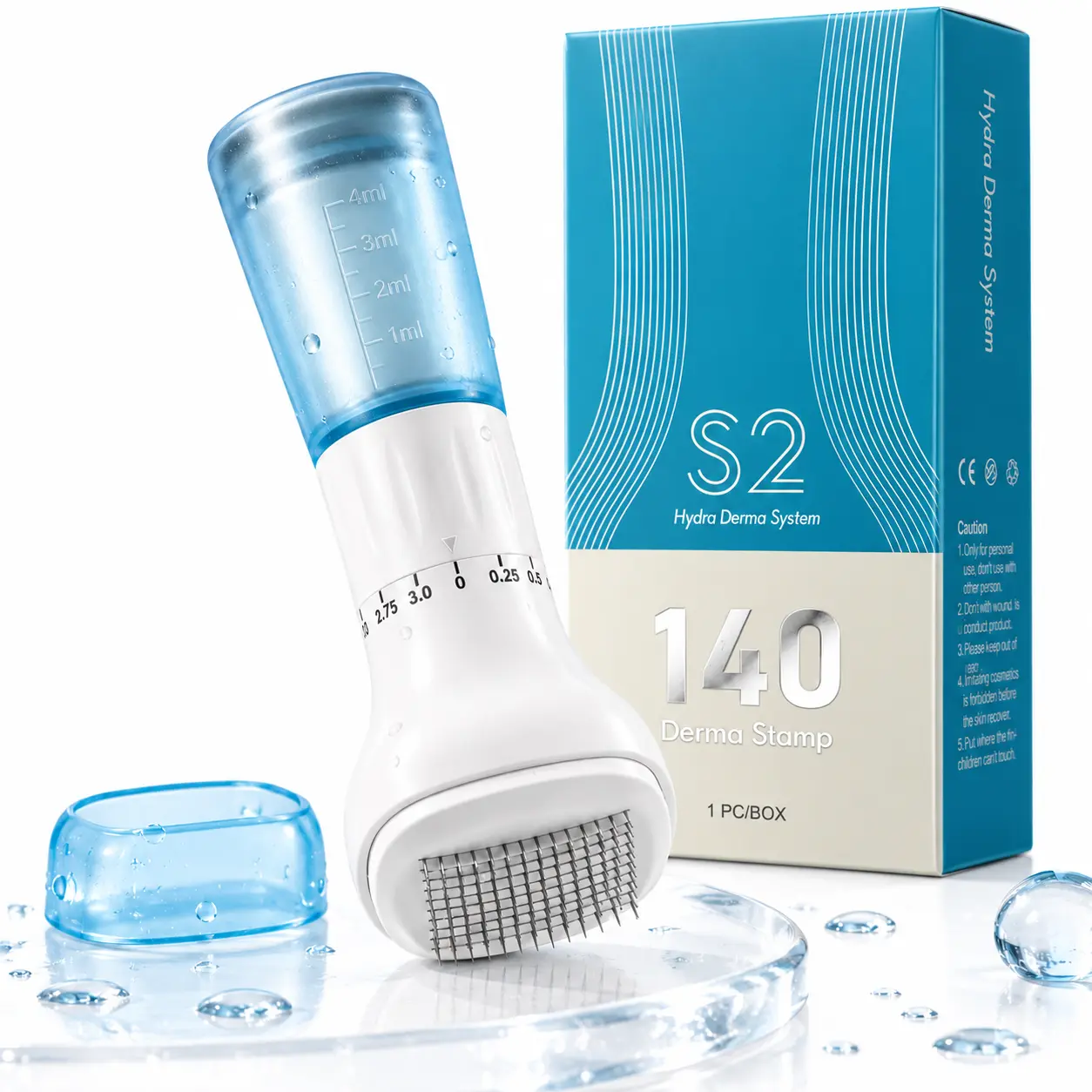 Hydra Derma Stamp - 140-Pin Adjustable Manual Microneedling Tool, Plastic PC Cosmetic Device with 10 mL Serum Reservoir, Vertical Press for Facial Exfoliation, Face & Scalp At-Home Skincare