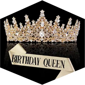 Birthday Queen Headband & Sash Set - Glittering Gold Crown & High-Quality Rhinestone Sash for Women & Girls - Perfect for Birthday Parties, Weddings, and Special Occasions - Outfit