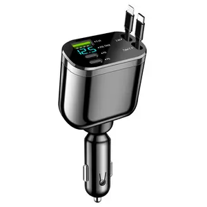 5 in 1 Car Charger, Digital Display Car Charger with 2 Auto-retractable Charging Cables, Multifunctional Car Charger with Voltage Display
