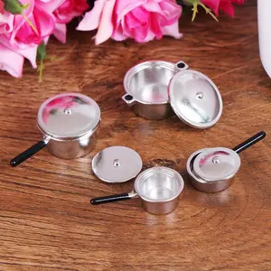 4pcs/set 1:12 Mini Metal Pot Set Dollhouse Kitchen Pretend Play Set Furniture
