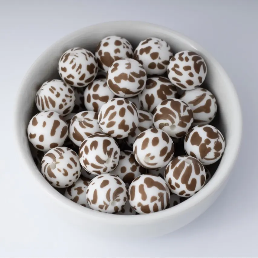 Brown Cow Silicone Beads Printed Round Silicone Beads