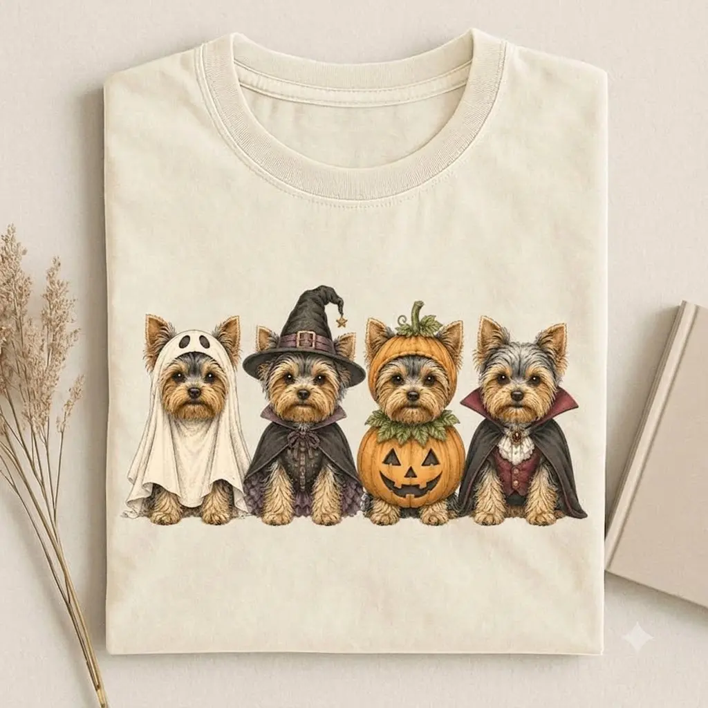 Ghost Witch Pumpkin Yorkie Tee, Yorkshire Terrier Halloween Shirt, Vampire Dog Lover Graphic Top, Fall Casual Apparel, Yorkie Mom Shirt