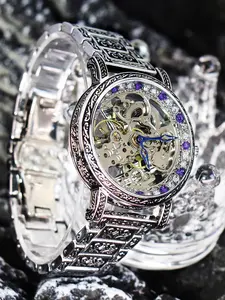 Men's Vintage Engraving Design Mechanical Watch, Fashion Skeleton Automatic Watch for Party, Daily Decor, Trendy All-match & Exquisite Watch for Birthday Gift with Box, Round Dial Watches, Analog Watches, Rhinestone Decorated Watch