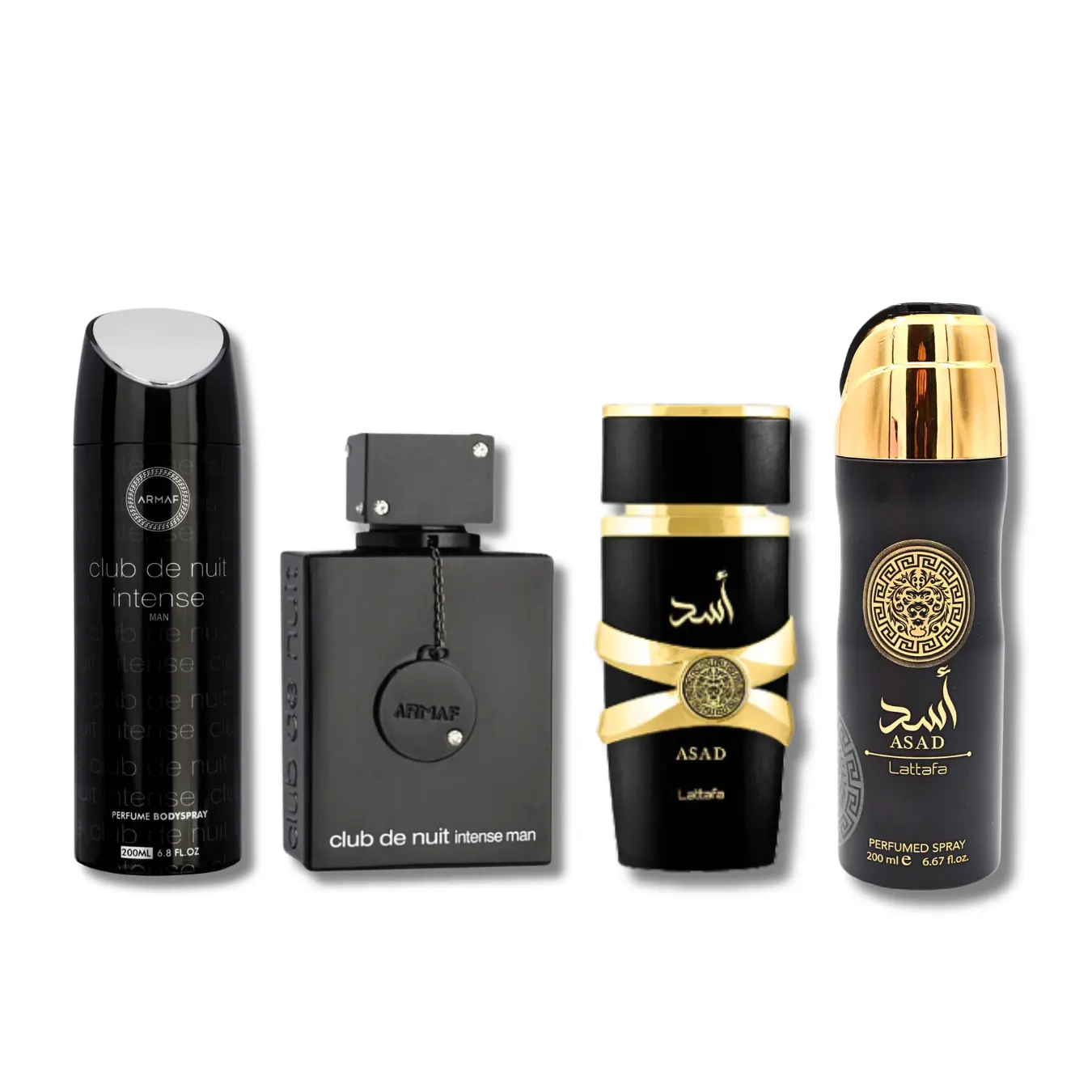Sterling Parfums Armaf Intense EDT 3.4FL.OZ & Body Spray 6.8FL.OZ & Lattafa Asad EDP 3.4FL.OZ & Body Spray 6.8FL.OZ Citrus Wood Spicy Vanilla Notes Combo Set