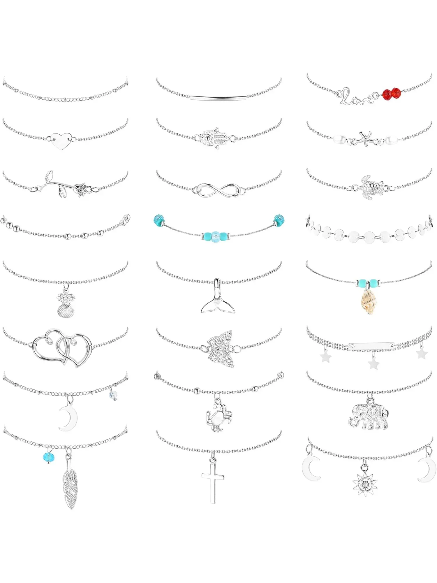 24PCS Shiny Silver Anklet Rhinestone Waterproof Trendy Jewelry Boho Fashion Jewelry Anklet Summer Adjustable Anklet for Women Vintage Anklet 21cm Fashion Jewelry Accessories Fashionable Accessories