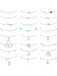 24PCS Shiny Silver Anklet Rhinestone Waterproof Boho Fashion Jewelry Anklet Summer Adjustable Anklet for Women Vintage Anklet 21cm