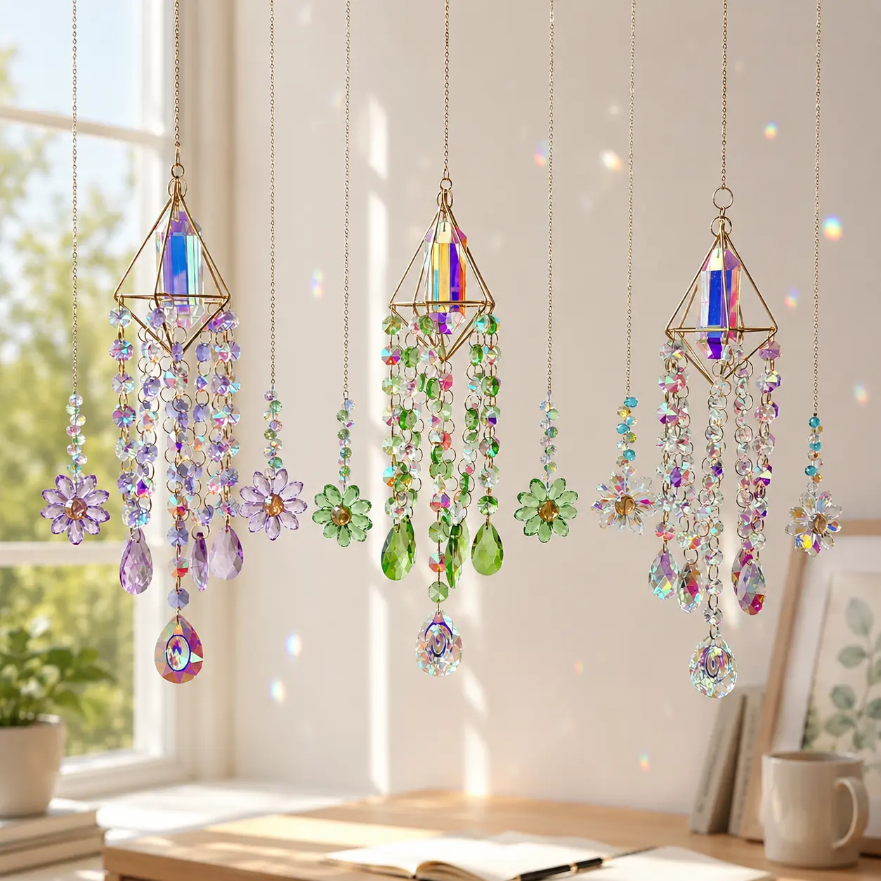 Whimsical Glass Bead Suncatcher for Windows, Colorful Rainbow Hanging Window Decor, Geometric Boho Decor for Bedroom Living Room, Gift for Women