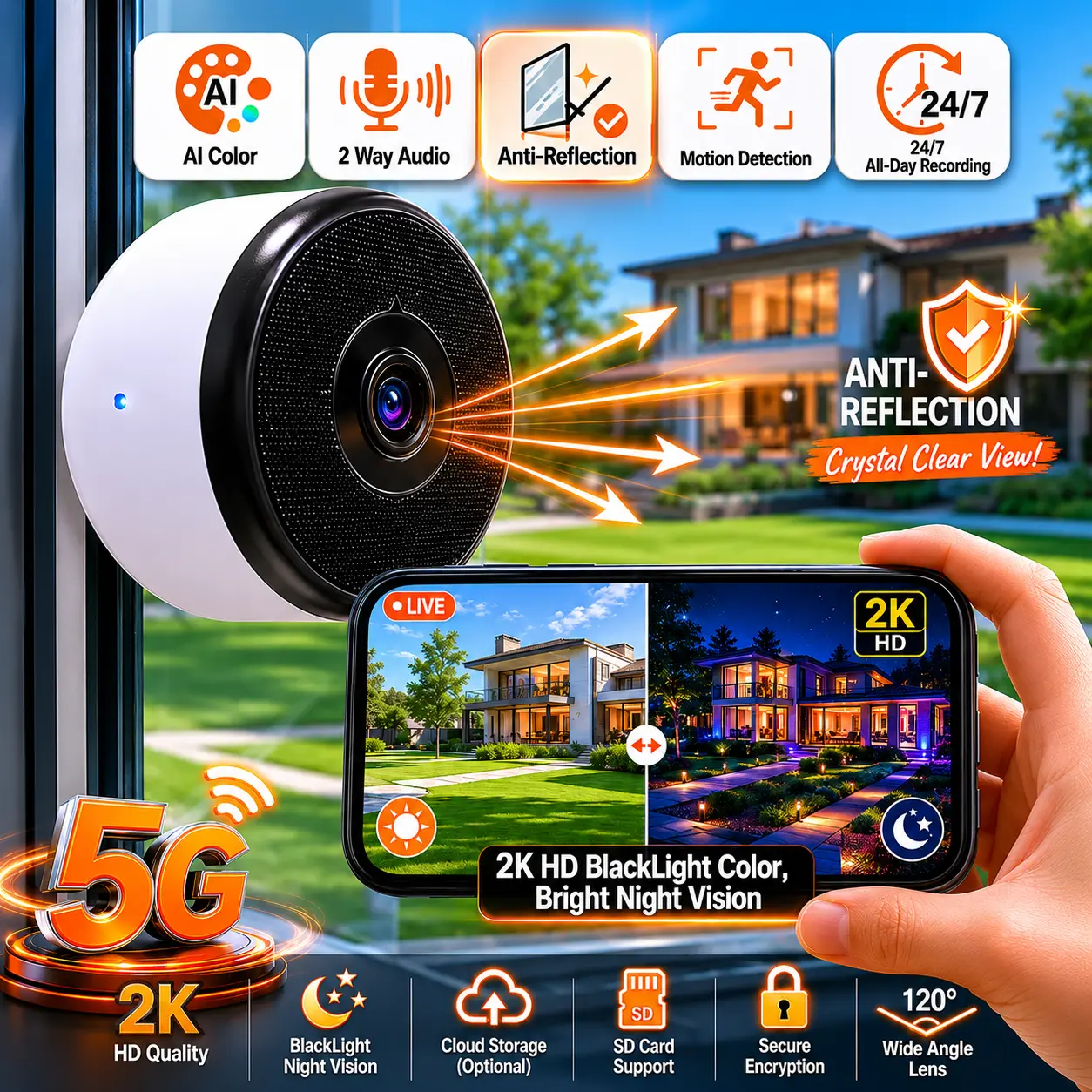 2K HD Wireless Window Camera, 5GHz&2.4GHz WiFi Indoor Cameras for Home Security Al Color Night Vision,Person,Pet,Vehicle & Motion Detection,24/7 Recording,Easy & Quick Install