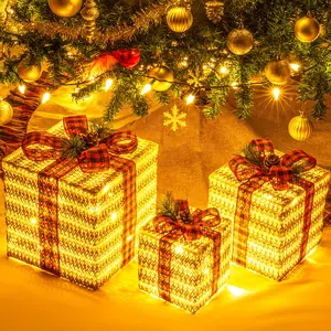SUNNYGLADE 3-Piece Contemporary Square Lighted Gift Boxes Set (10"-8"-6") - Plug-In Christmas Ornaments with Switch, Metal Bows, Cloth Accents, Artificial Pine Leaves, Pine Cones for Home Living Room, Outdoor Holiday Decorating