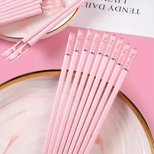 1/ 5 Pairs Of Pink Alloy Chopsticks With Cherry Amber, Reusable For Home Dining, Chinese And Korean Style Tableware, Fast Food, Noodles, Sushi Sticks, Ramen Chopstick, Utensils