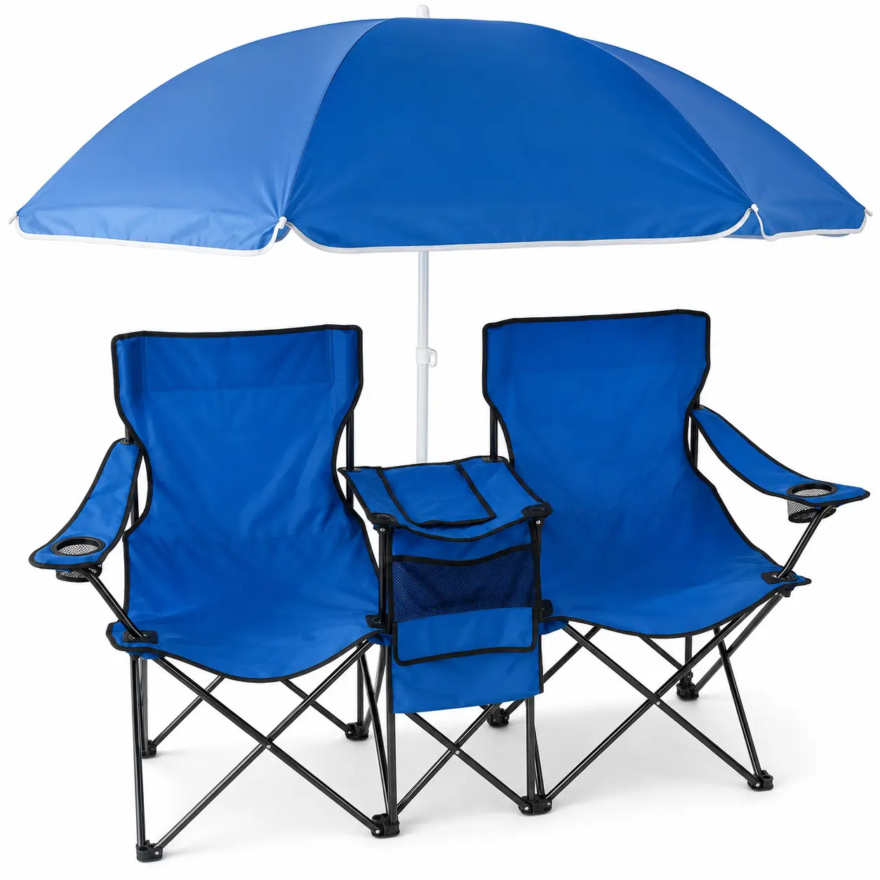 Royal Blue 2-Person Folding Outdoor Double Camping Chair with Canopy, Steel Frame, Insulated Cooler Bag, Dual Cup Holders, Portable for Camping, Picnic, Backyard (Home Supplies, Home Decor)