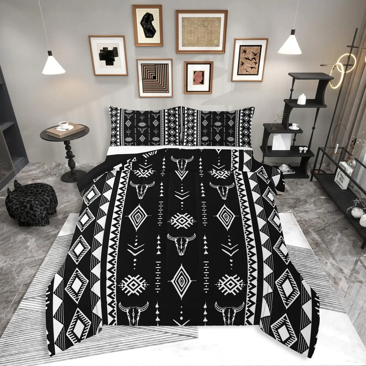 Bohemian Aztec Comforter Set,Western Bull Skull Bedding Set for Girls Boys Women Men Bedroom,Geometric Farmhouse Down Comforter, Comforters, Bed Comforter Set