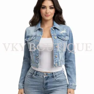 Cropped Distressed Denim Jacket for Women - Fitted DN