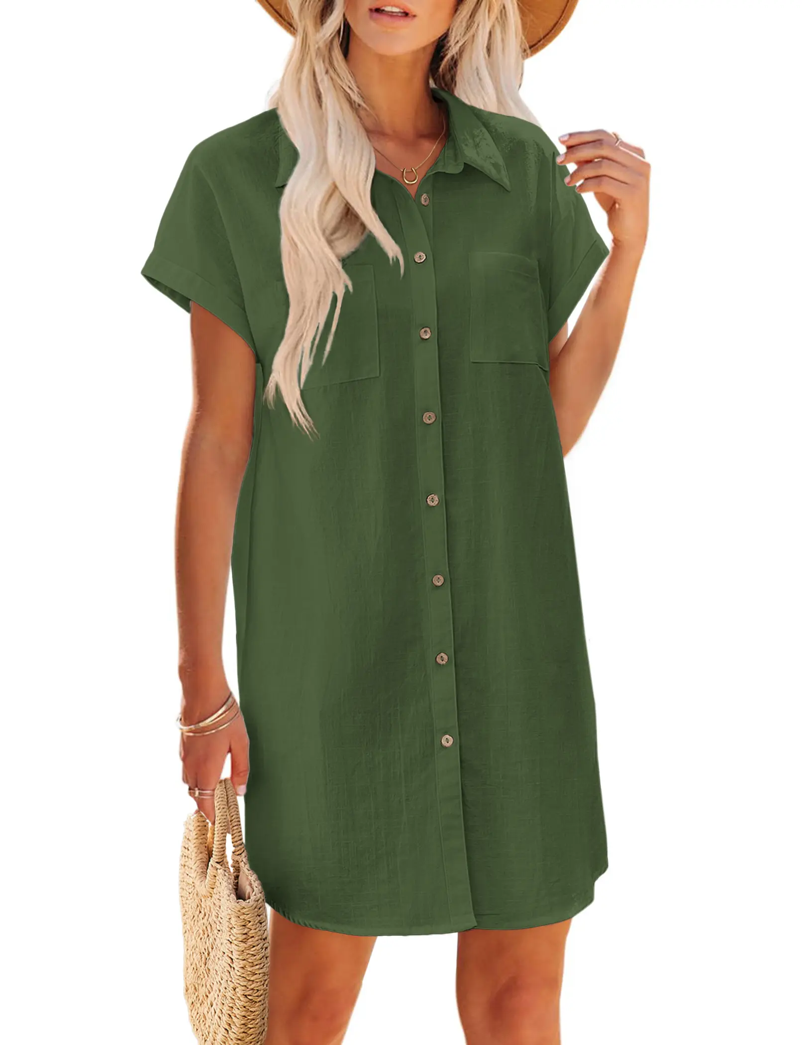 Zeagoo Womens Button Down Shirt Dress Summer Cotton Linen Dress V-Neck Mini Dress Casual Short Sleeve Loose Tunic Dresses summerwins Collared Shortsleeve