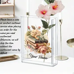 Custom Name Book Vase Personalized Gift for Book Lovers Vintage Book Pile Flower and Book Vase Acrylic Transparent Vase Modern Decorative Vase Suitable for Office Bedroom Living Room Dining Table Home Christmas Decoration