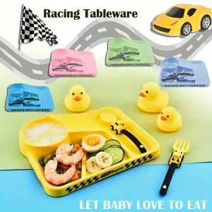 Toddler Car-Themed 3-Piece Multicolored Cutlery Utensil Sets - Spoon, Fork, Plate, Durable Utensils Tableware for Baby-Led Weaning, Easy-to-Hold Self-Feeding Lunchbox Dinnerware, Birthday Gift