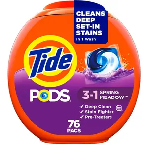 Tide PODS Liquid Laundry Detergent Soap Pacs, HE Compatible, Powerful 3-in-1 Clean in one Step, Built in Stain Removers, Spring Meadow Scent, 76 Count