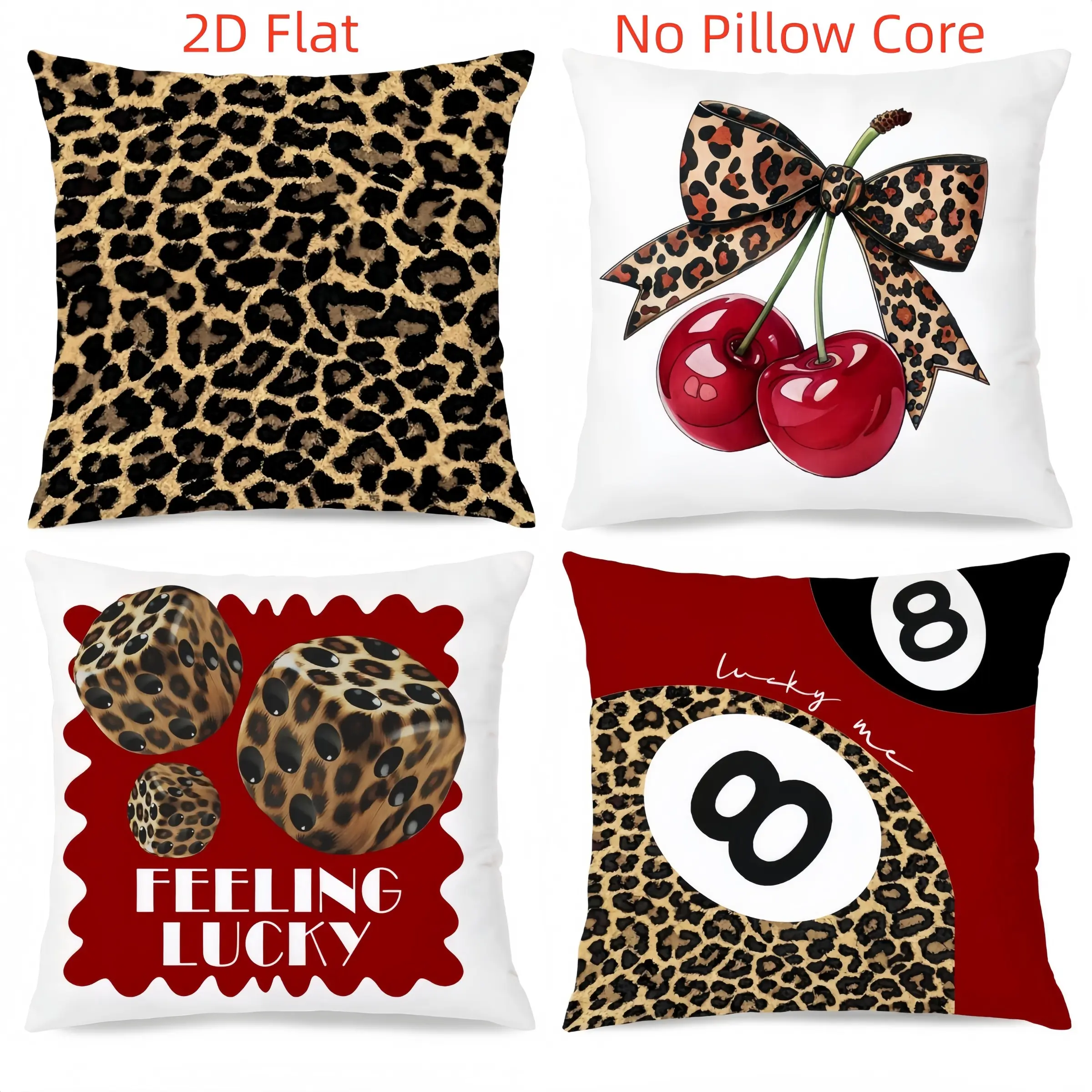 4pcs-Fashion Themed Throw Pillow Covers, Leopard Print, Red Cherries, Cherry Design, 8-ball Pattern Design, Vintage Design, Vintage Appeal, Suitable Living Room, Bedroom, Sofa and Bed Decoration, 2D Flat, Single Sided Printing, No Pillow Core