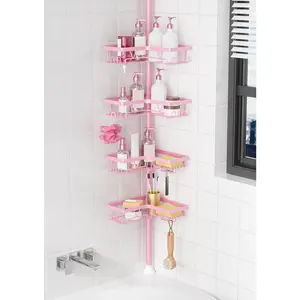 Shower Tension Pole, 4-Tier Rustproof Corner Organizer for Renters, 25–114.2 Inch No-Saving Shower Rack, Pink
