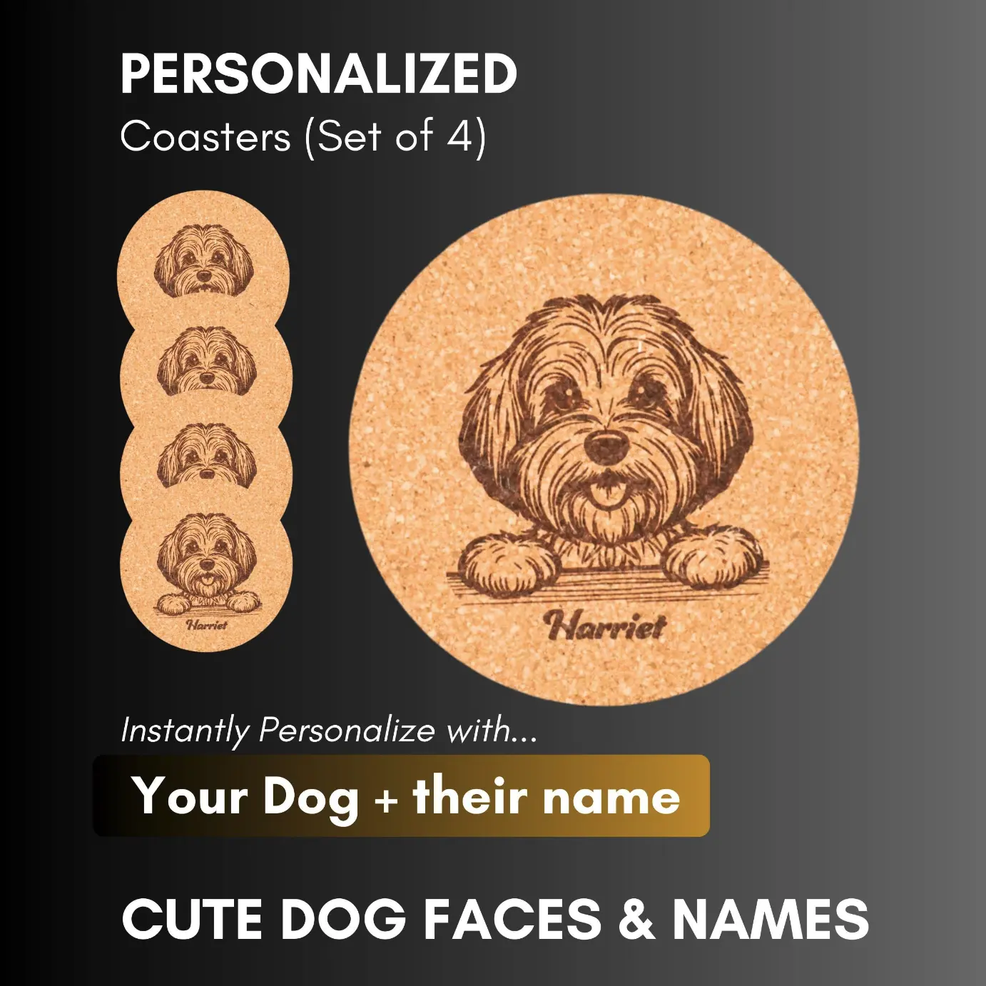 Personalized Dog Cat Couple & Family Name Photo Coasters Engraved Cork Coaster Set of 4 Instantly Personalize with Your Dog their name Cute Dog Faces Names