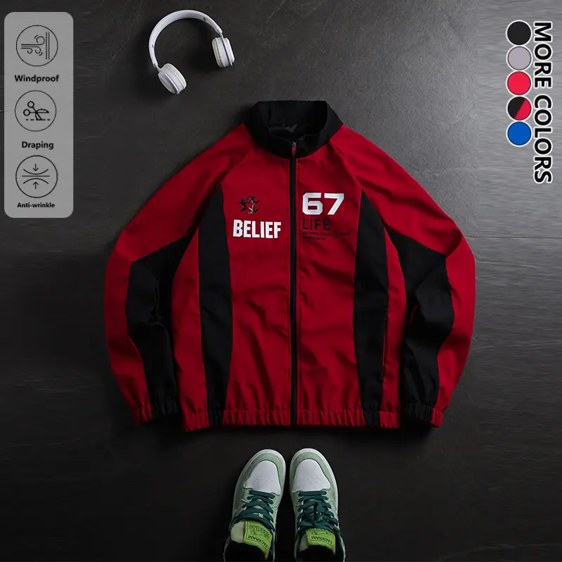 Life Keeps Moving men’s casual slim-fit spring/autumn lightweight polyester jacket; men’s racing sports jacket; men’s retro motorcycle-style colorblock aviator jacket; clean-cut long-sleeve baseball jacket; aesthetic sporty casual racing jacket.