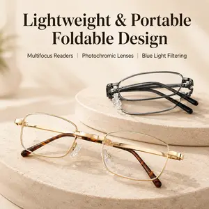 Portable Multifocus Reading Glasses, Photochromic Multifocus Readers with Metal Frame for Reading, Laptop & Phone, Foldable Blue Light Filtering Reading Glasses for Near, Mid & Far Daily Use