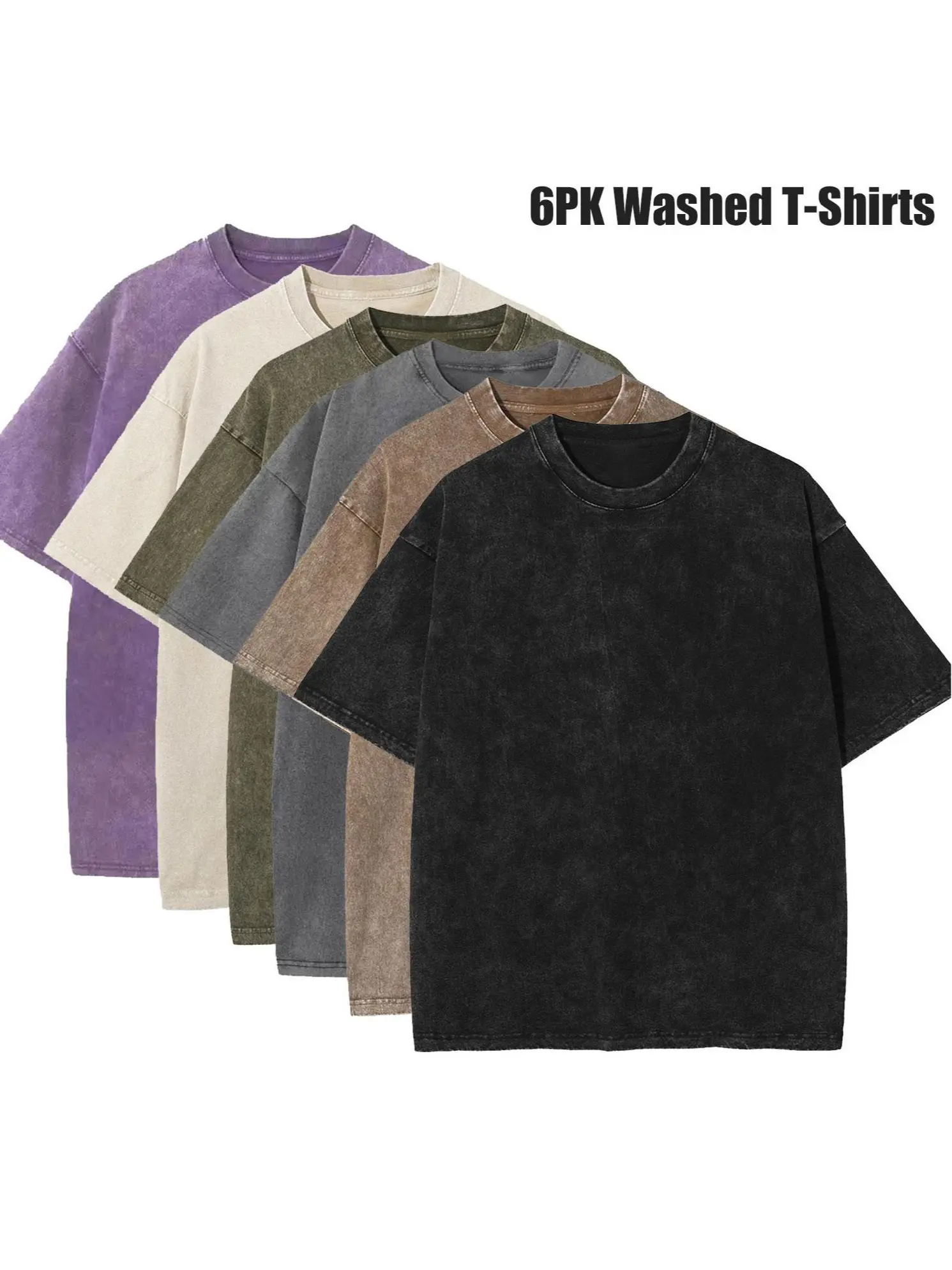 Men's 6 Pack Vintage T-Shirts, Soft Heavyweight 100% Pure Cotton Retro Streetwear Top with an Oversized Fit and Solid Colors, Tee, Round Neck
