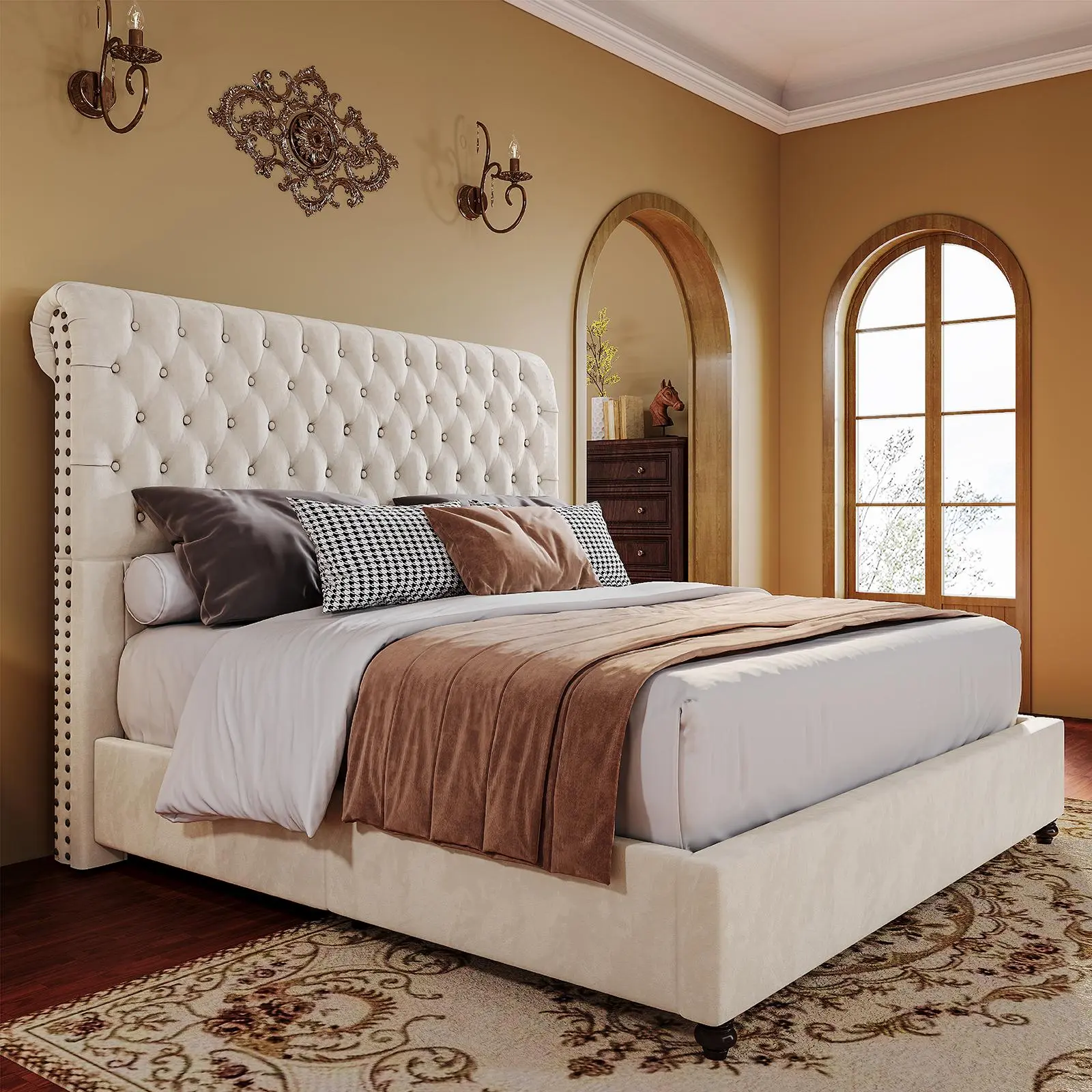 [Summerwins] [SummerFinds] AMERLIFE 52.8" High Bed Frame with Sleigh Headboard, Modern Velvet Upholstered Platform Bed with Deep Button Tufted Headboard/Studded Trim, Queen/King Size/Unique Bedroom Furniture/Best Gift Ideas/Christmas Gifts