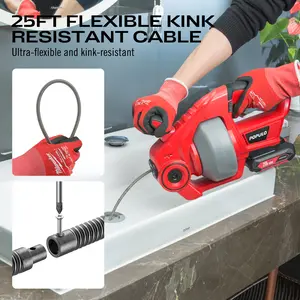 POPULO 20V Cordless Electric Drain Auger-Efficient 25Ft Auto-Feed Drain Snake with Replaceable Cable,2.0Ah Battery,Charger,Storage Bag & Gloves for Kitchen,Bathroom,Shower Pipes (3/4"-2")"