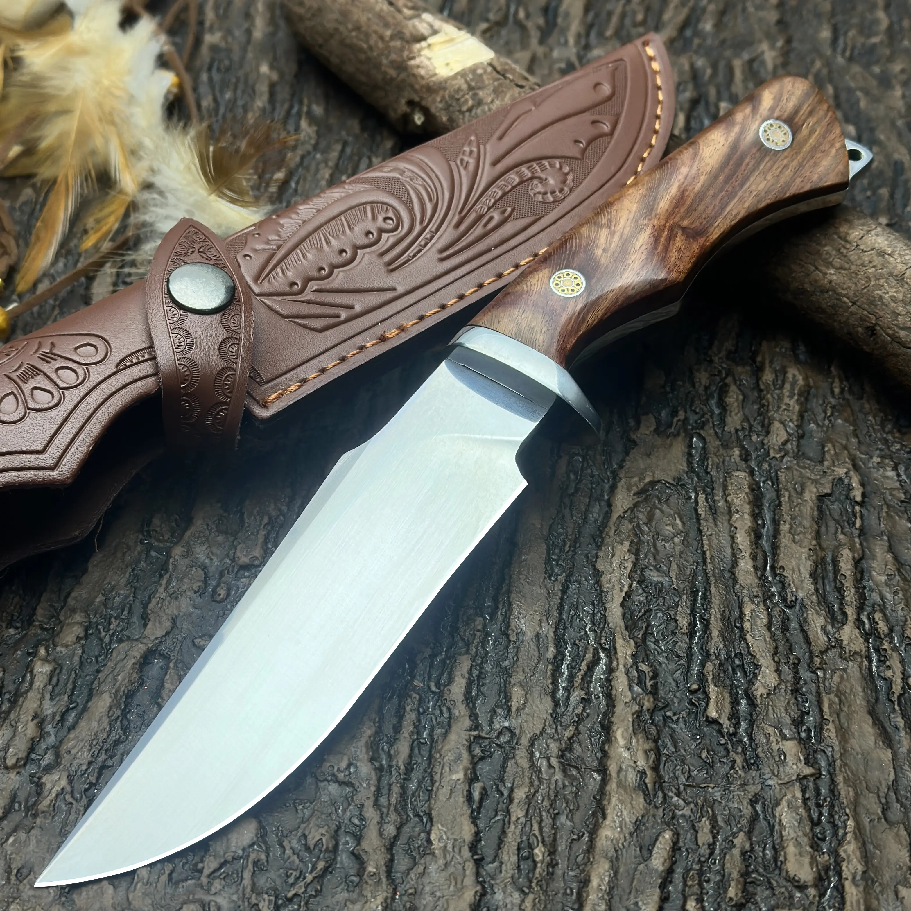 Handcrafted Kitchenware Cooking Knife - High-Hardness Steel Blade, Ergonomic Wooden Handle, Metal Accents, Carved Leather Sheath, Ideal for Precision Cut Kitchen Tasks, Cooking Knives