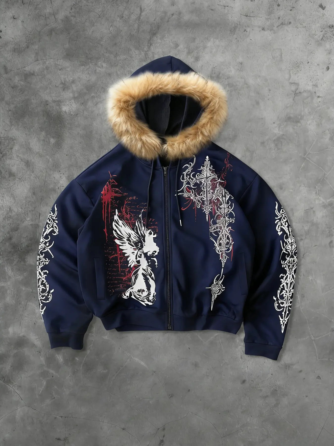 Men's Fleece-Lined Open Front Short Hoodie with Gothic Print, Casual Fashion Pullover for Daily Wear, Comfortable and Stylish Sweatshirt