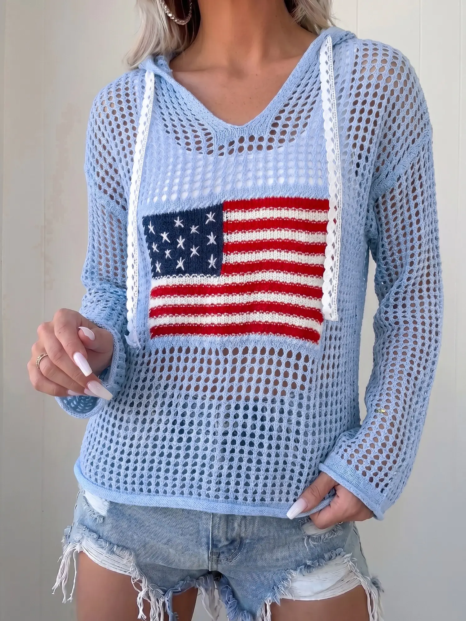 Women's USA Flag Open Knit Crochet Hoodie Sweater Casual Long Sleeve Shift Hollow Out Patriotic Pullover Top