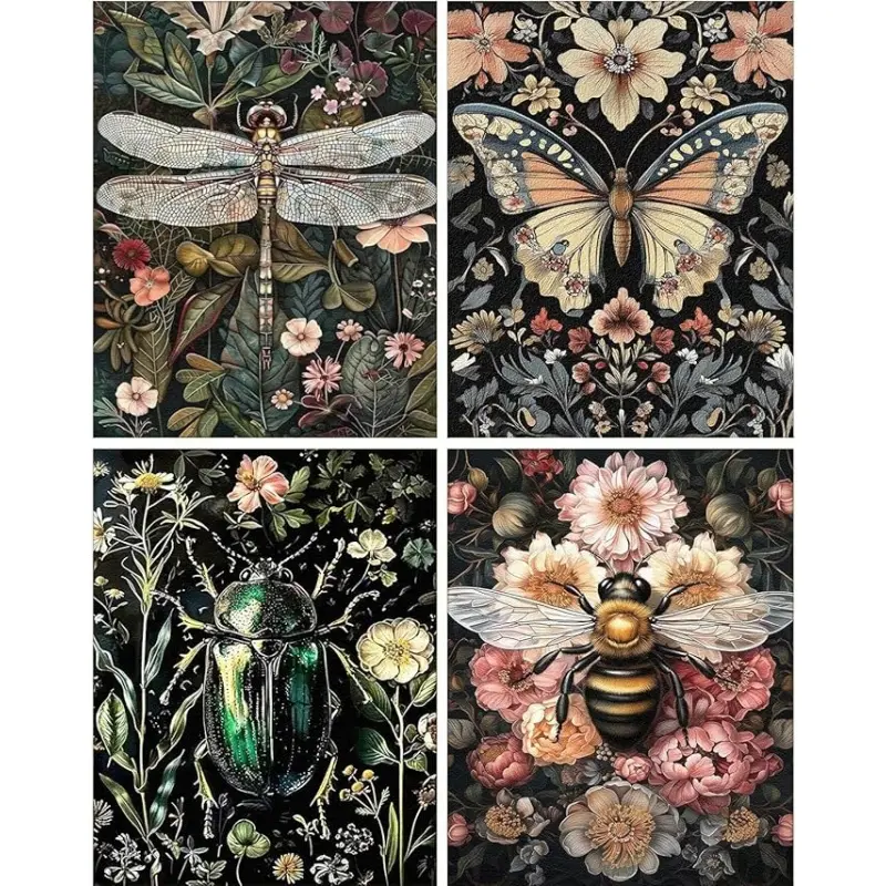 AIBOERL 4-Pack Retro Insect Diamond Painting Kit - Butterflies, Bees, Sunflowers, Abundant Diamonds, Stress-Relief DIY Wall Art, Handmade Gifts for Halloween, Graduations, Thanksgiving, Birthdays, Cross Stitch Alternative (Toys & Hobbies, DIY Needlework)