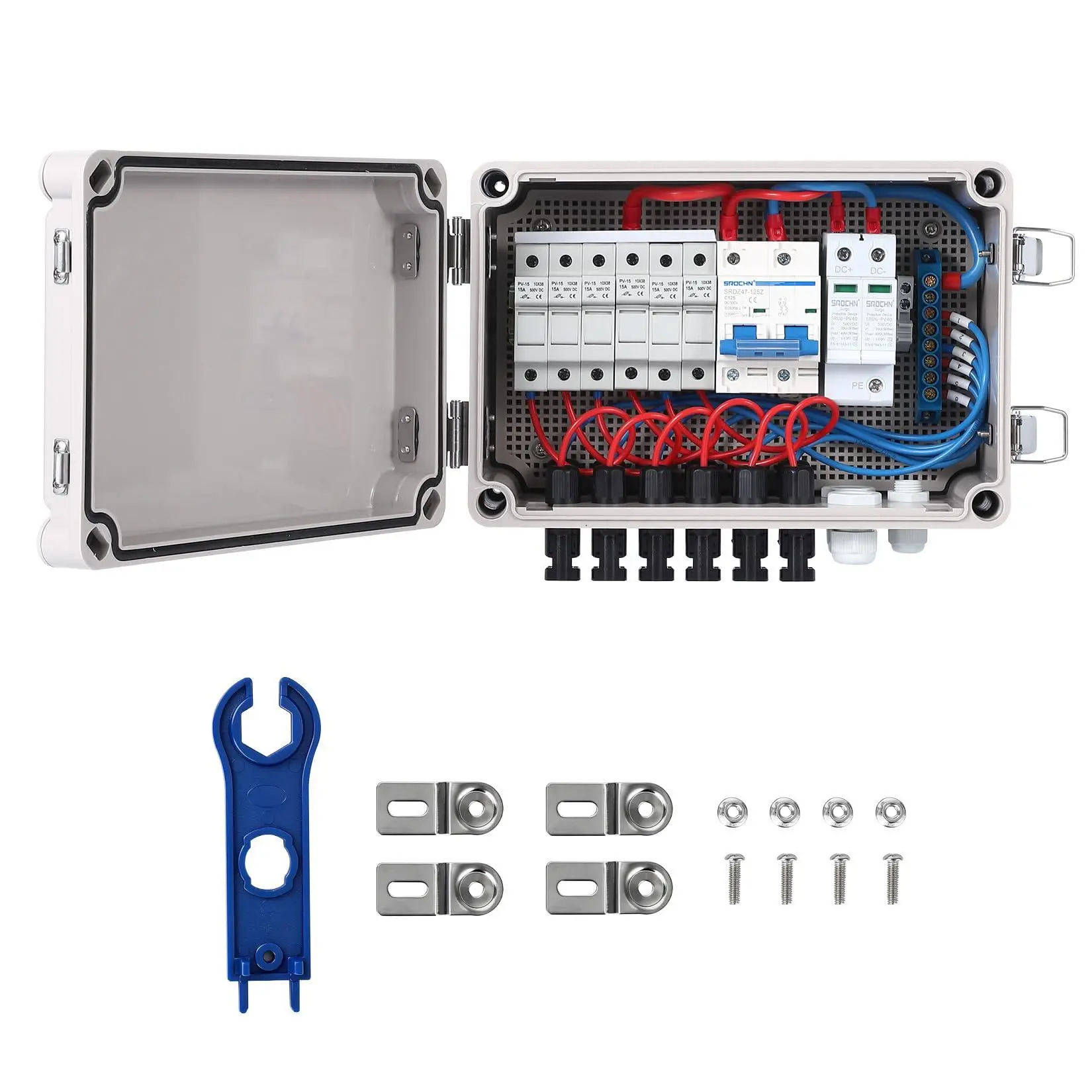 Plastic Waterproof Solar Combiner Junction Box with Mounting Brackets, 1pc 6-String 6-Input 1-Output DC 500V 15A Fuse Box for Off-Grid Solar Systems