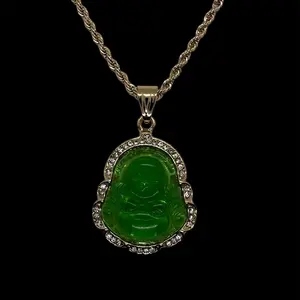 14K Gold Plated Buddha Pendant Gold Plated Buddha Charm with Rhinestones Artificial Jade Gold Filled Buddha Charm Necklace- Green