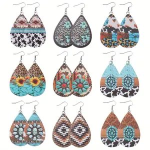 9pairs/set Earring jewelry, Vintage Retro Western Leopard turquoise Pattern sunflower Waterdrop Charm Pendant Earrings, Women's PU Leather Double-sided Earrings, Ethnic Pastoral Earrings Jewelry Gift